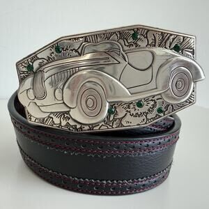 Robert Graham Mens Belt 33/90 Engraved Buckle Leather Art Deco Roadster